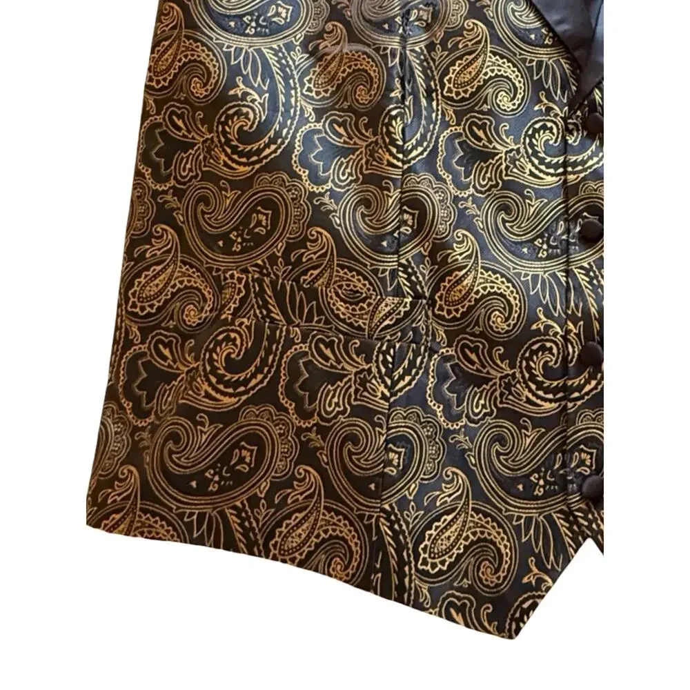 Tuxedo Waistcoat Mens Size 3XL Black Gold Paisley Formal Vest Adjustable EUC
